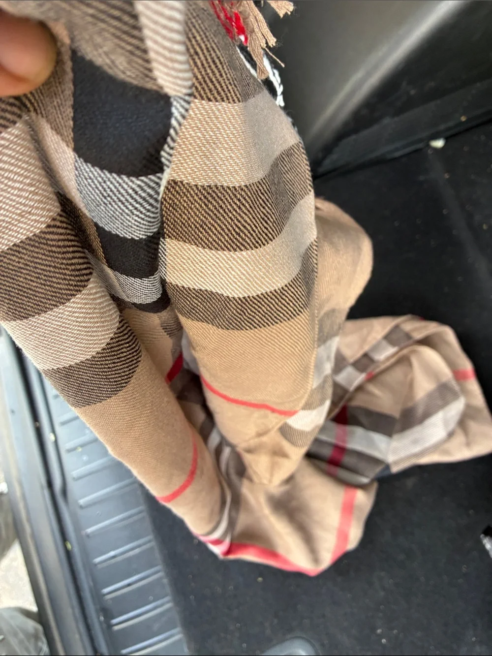 Burberry Beige Plaid Scarf with Black, Red and Cream Accents